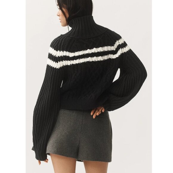 Anthropologie Maeve Mock-Neck Balloon-Sleeve Bow Jumper Sweater Black White XS - Picture 9 of 9